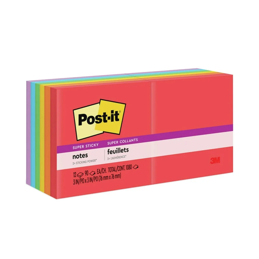 Post-it Notes Super Sticky 3 in. x 3 in. Pads in Playful Primary Collection Colors (12 Pads/Pack)