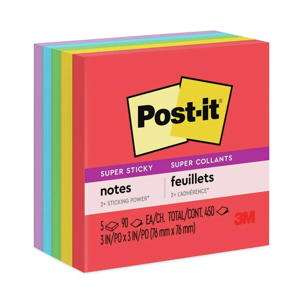 Post-it Notes Super Sticky 3 in. x 3 in. Pads in Playful Primary Collection Colors (5 Pads/Pack)