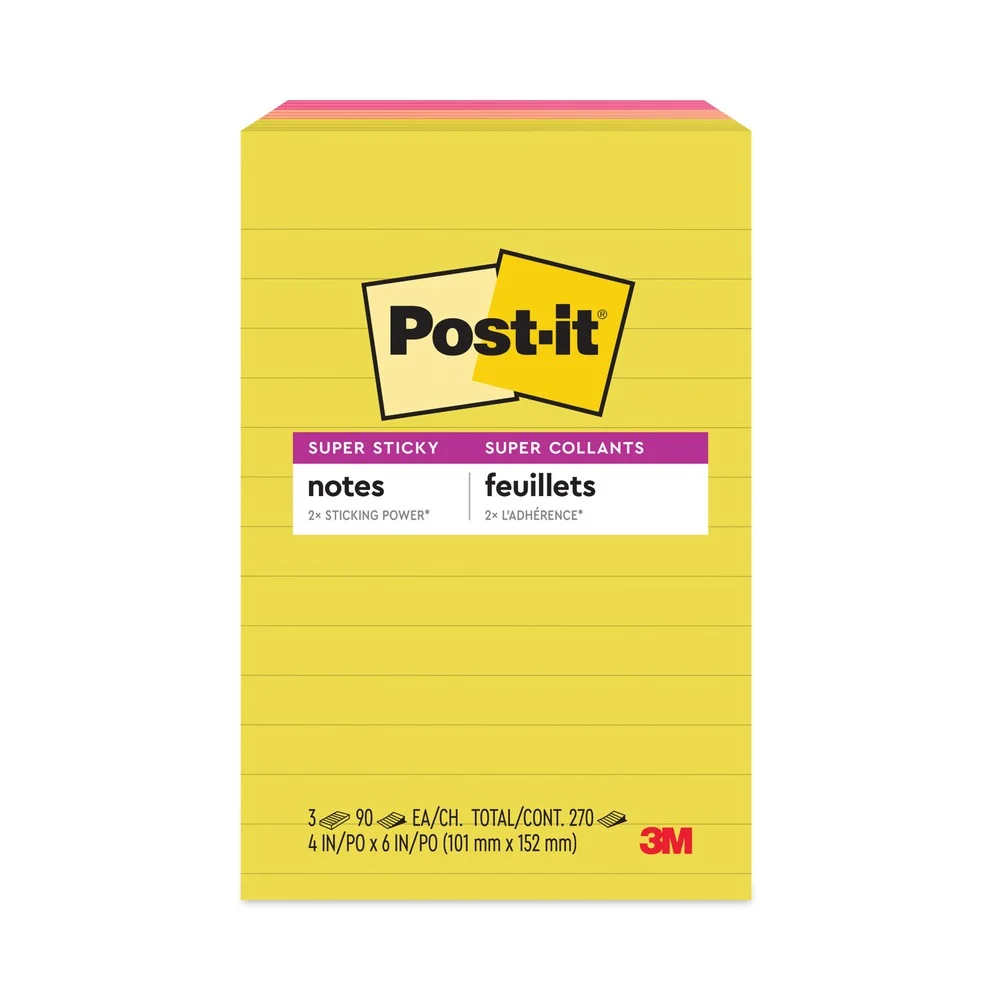Post-it Notes Super Sticky 4 in. x 6 in. Note Ruled Note Pads - Summer Joy Collection Colors (3-Pads/Pack)