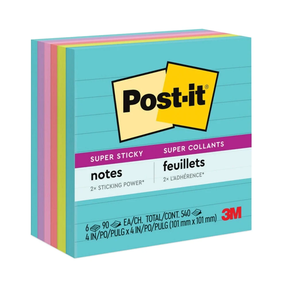 Post-it Notes Super Sticky 4 in. x 4 in. Note Ruled Pads - Supernova Neon Collection Colors (6/Pack)