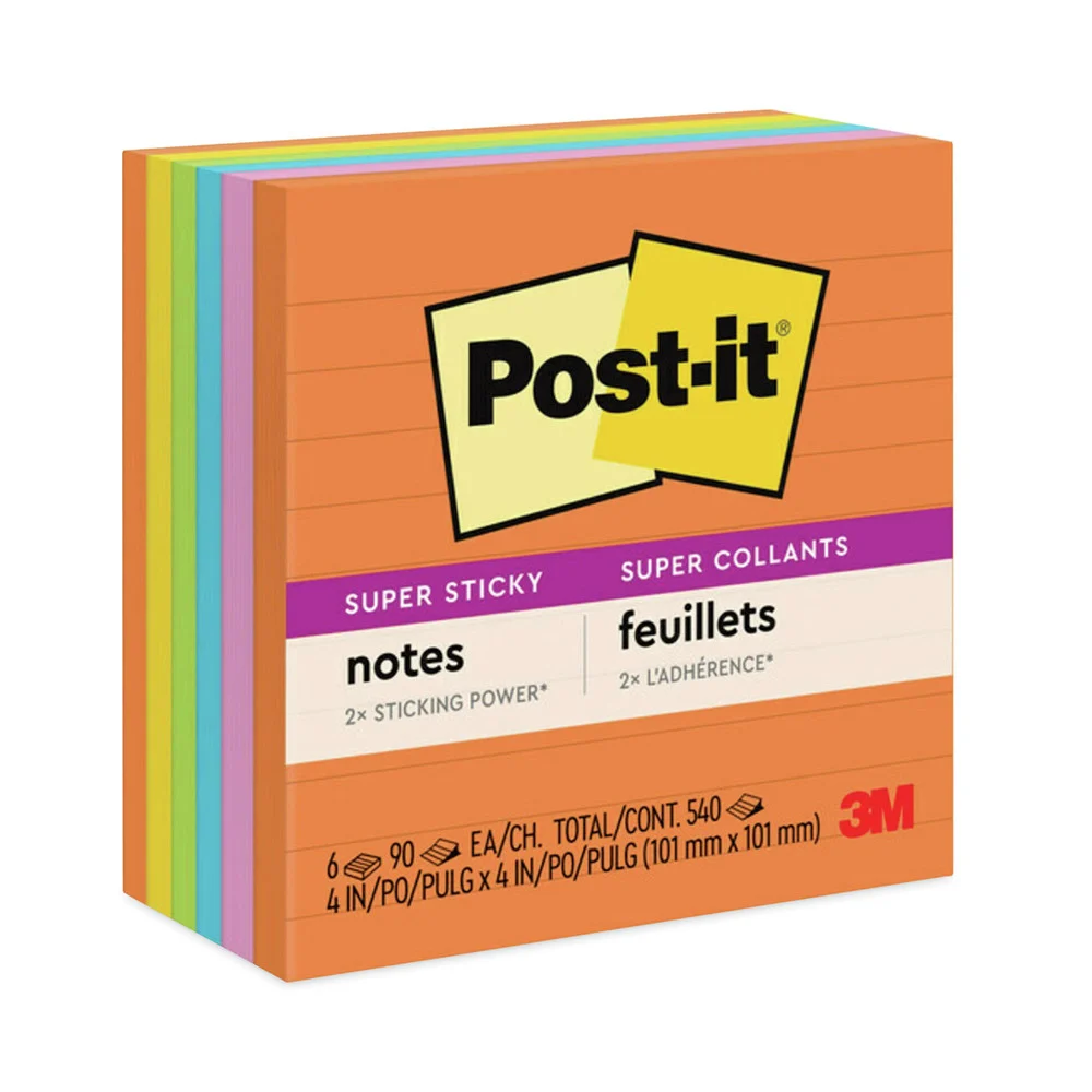 Post-it Notes Super Sticky 4 in. x 4 in. Note Ruled Pads - Energy Boost Collection Colors (6/Pack)
