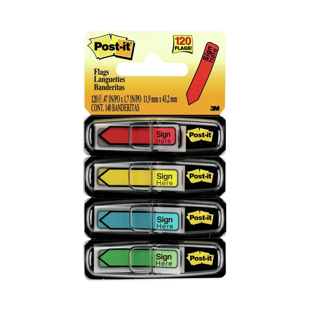 Post-it Flags Arrow Message 0.5 in. Sign Here Page Flags with Dispensers - Assorted Primary (120/Pack)