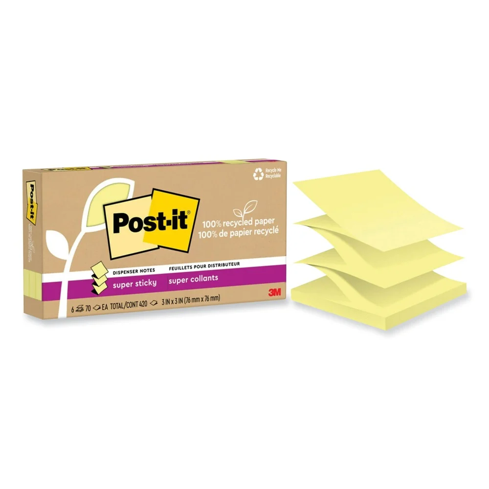 Post-it Notes Super Sticky 3 in. x 3 in. 100 Percent Recycled Paper Super Sticky Notes - Canary Yellow (6-Pads/Pack)