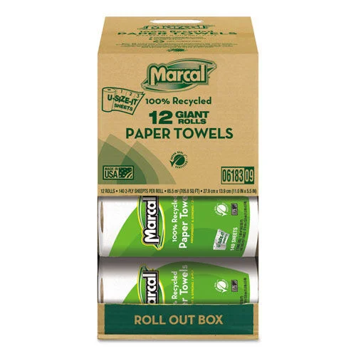Marcal 11 in. x 5.5 in. 2-Ply Roll Out Box 100 Percent Premium Recycled Kitchen Roll Towels - White (12/Carton)