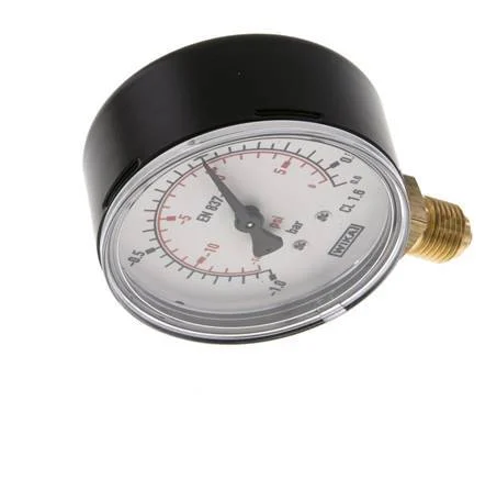 -1..0.6 Bar (-15..9 psi) Pressure Gauge Below Steel/Brass 63 mm Class 1.6