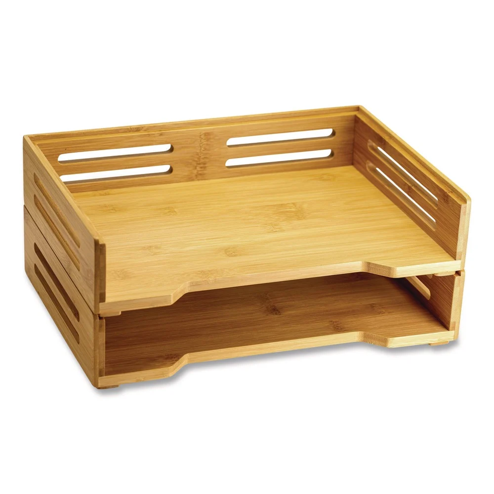 Officemate Bamboo Stackable Desktop Document Trays 2 Sections Letter Size Files 14.09-in x 10.47-in x 4.4-in Brown 2/Pack