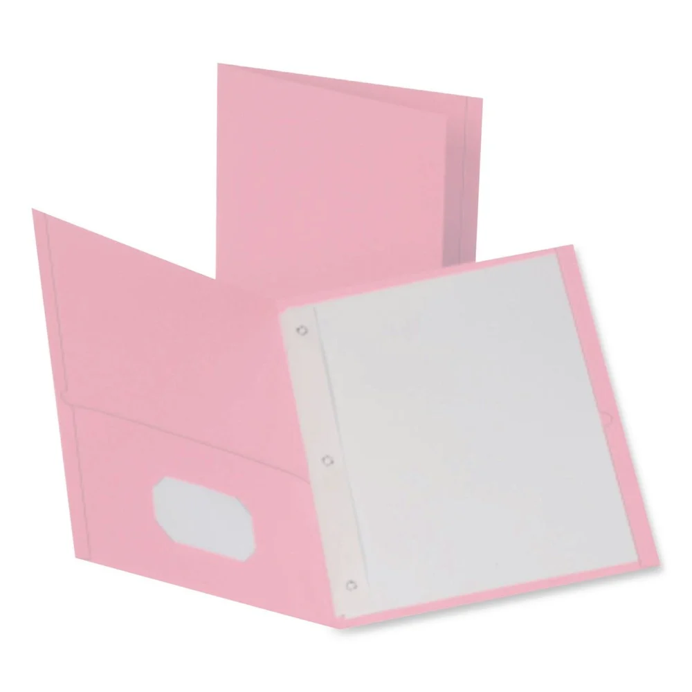 Oxford 11 in. x 8.5 in. 0.5 in. Capacity Twin-Pocket Folders with 3 Fasteners - Pink (25/Box)