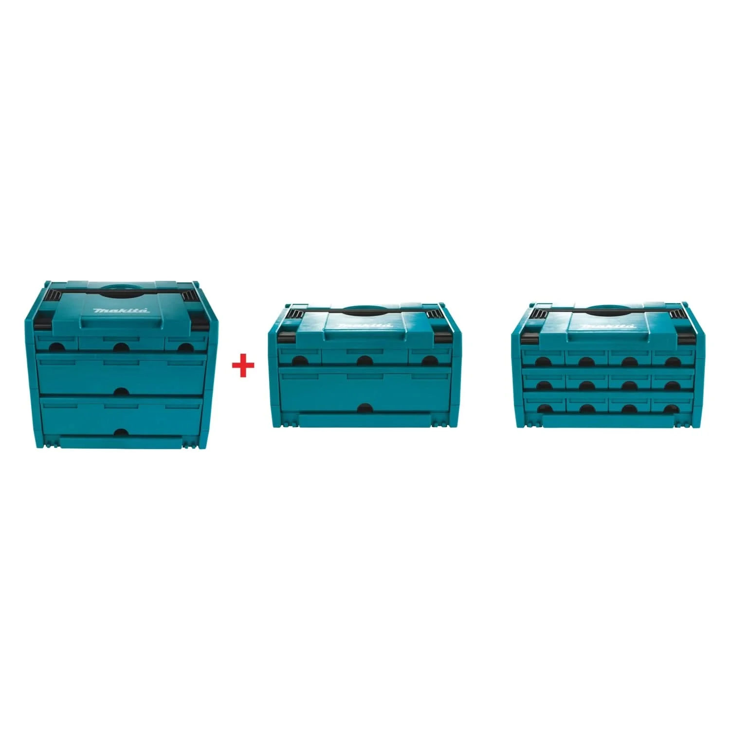 Makita MAKPAC 5 Drawer Interlocking Case, 12-1/2" x 15-1/2" x 11-5/8" plus MAKPAC 4 Drawer Interlocking Case, 8-1/2" x 15-1/2" x 11-5/8" and MAKPAC 12 Drawer Interlocking Case, 8-1/2" x 15-1/2" x 11-5/8"