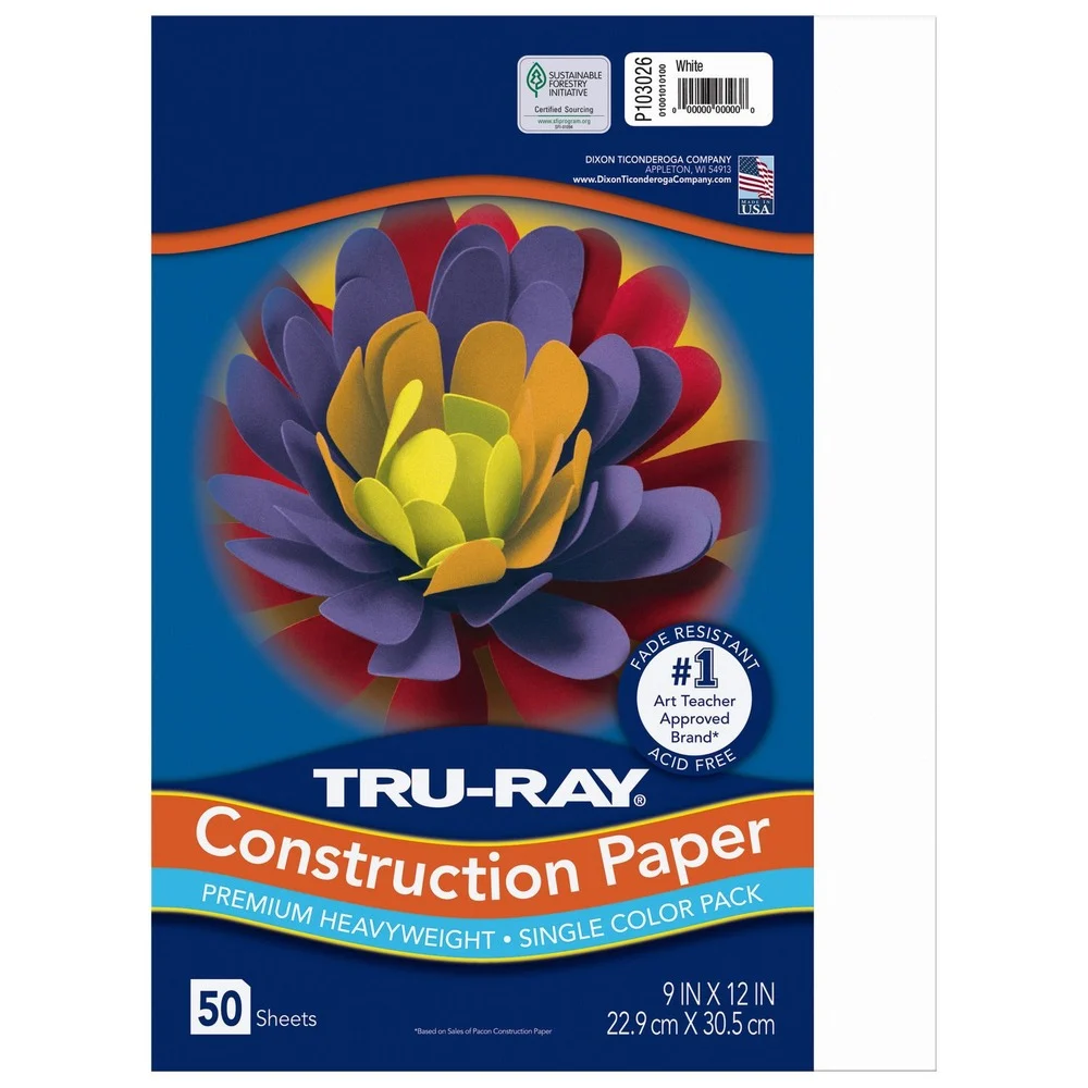 Pacon 9 in. x 12 in. 76 lbs. Text Weight Tru-Ray Construction Paper - White (50 Packs/Carton)