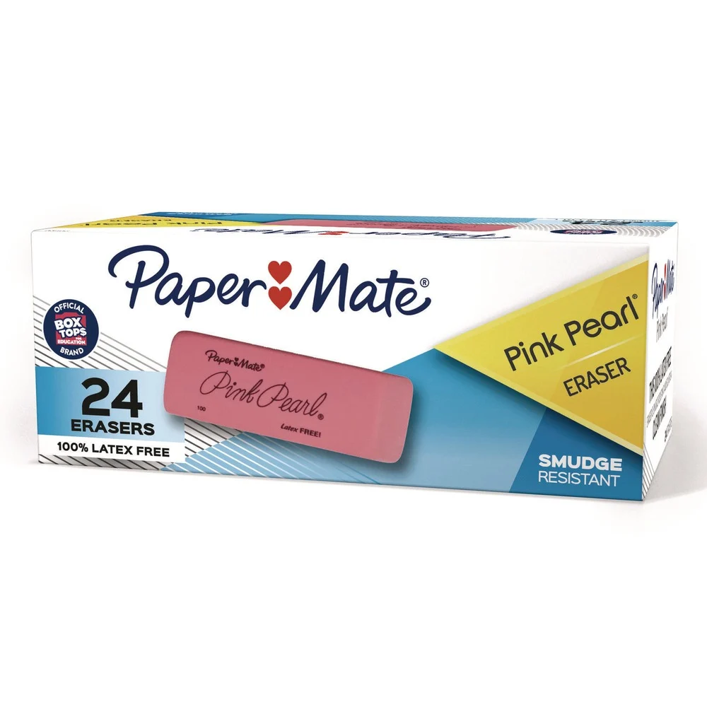 Paper Mate Pink Pearl Rectangular Block Eraser For Pencil Marks - Medium, Pink (24/Box)