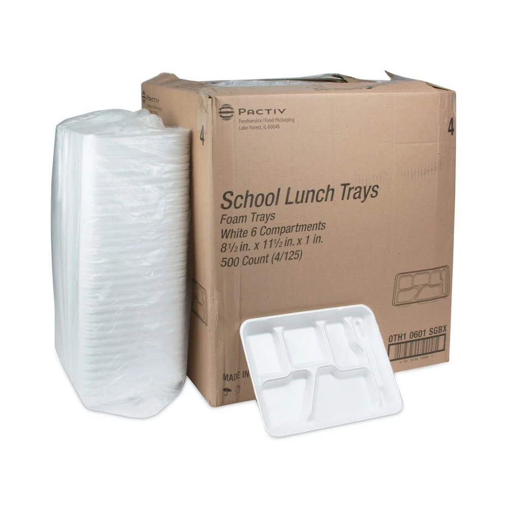 Pactiv Corp. 0TH10601SGBX 8.5 in. x 11.5 in. x 1.25 in. 6-Compartment Foam School Trays - White (500/Carton)