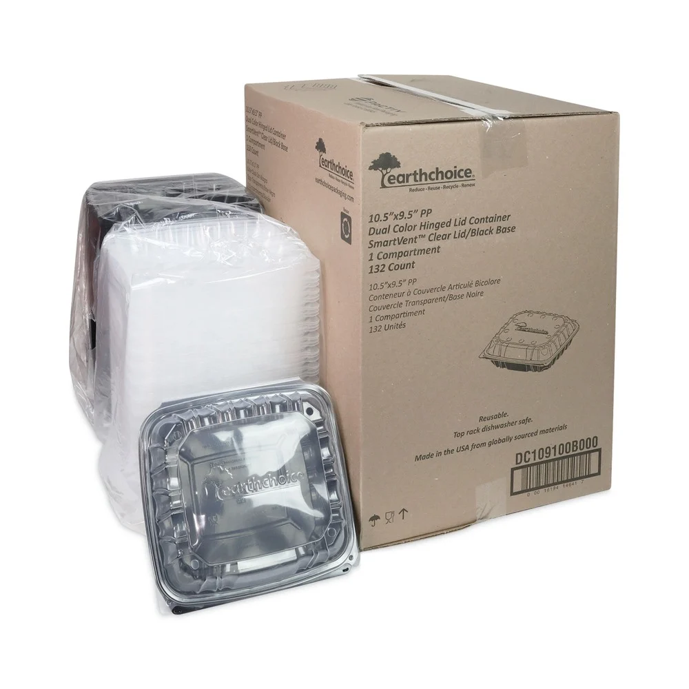 Pactiv Corp. EarthChoice 1 Compartment 66 oz. 10.5 in. x 9.5 in. x 3 in. Plastic Vented Dual Color Microwavable Hinged Lid Container - Black/Clear