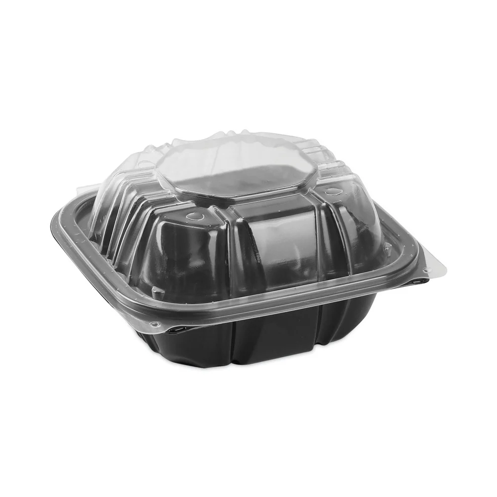 Pactiv Corp. 16 oz. 1 Compartment 6 in. x 6 in. x 3 in. Plastic Vented Dual Color Microwavable Hinged Lid Container - Black/Clear