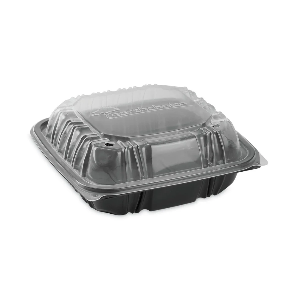 Pactiv Corp. 28 oz 7.5 x 7.5 x 3 EarthChoice Vented Dual Color Microwavable Plastic Hinged Lid Container - Black/Clear (150/Carton)