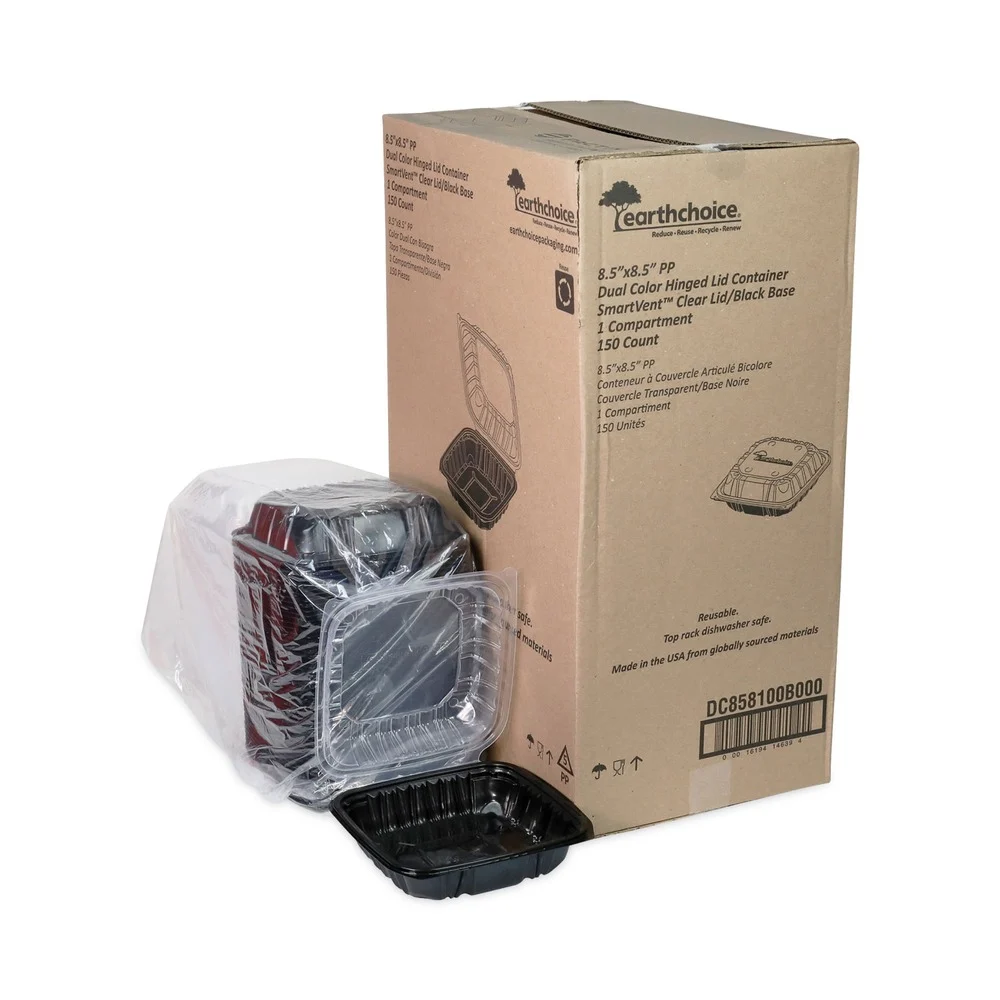 Pactiv Corp. DC858100B000 38 oz 8.5 x 8.5 x 3 EarthChoice Vented Dual Color Microwavable Plastic Hinged Lid Container - Black/Clear (150/Carton)