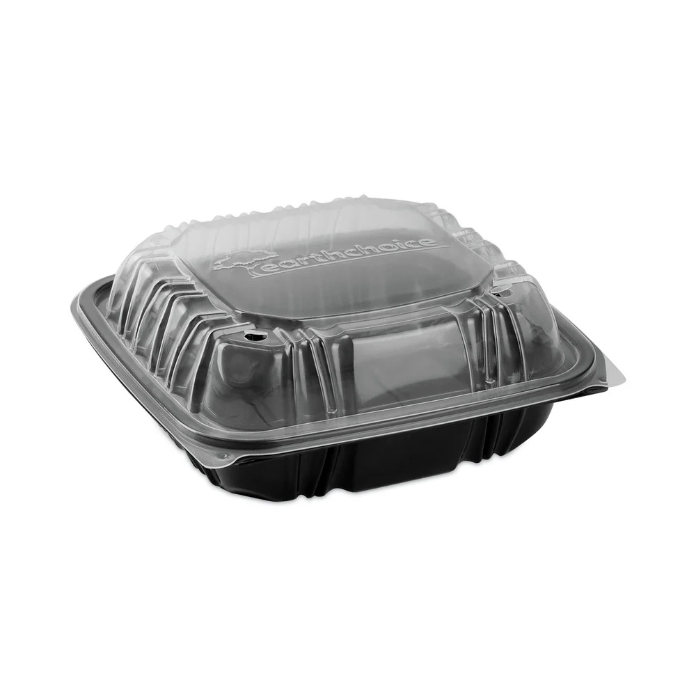 Pactiv Corp. 21 oz 3-Compartment EarthChoice Vented Dual Color Microwavable Hinged Lid Container - Black/Clear (150/Carton)