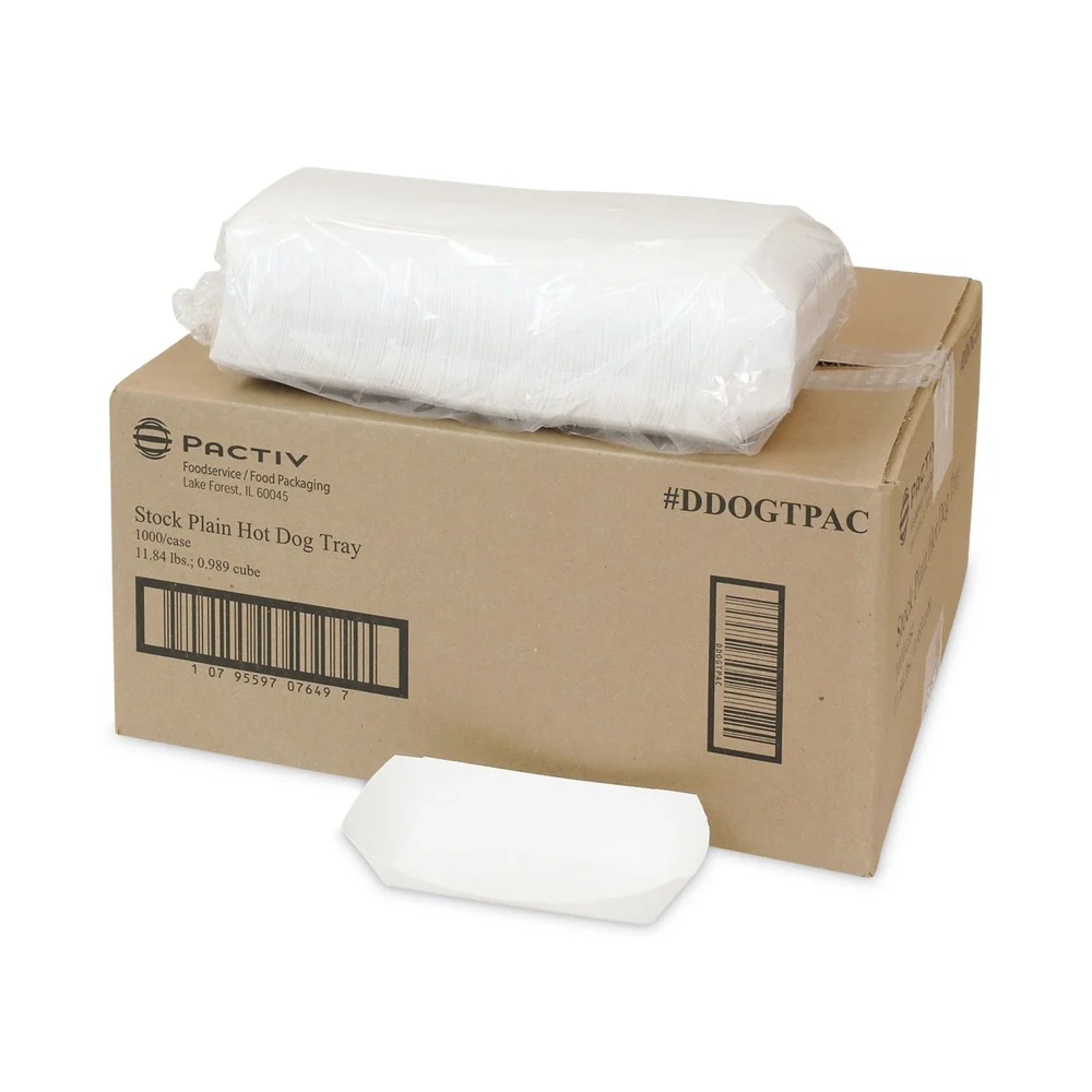 Pactiv Corp. DDOGTPAC 7.04 x 1.75 x 1.43 Paperboard Boat Basket Hot Dog Tray with Perforations - White (1000/Carton)