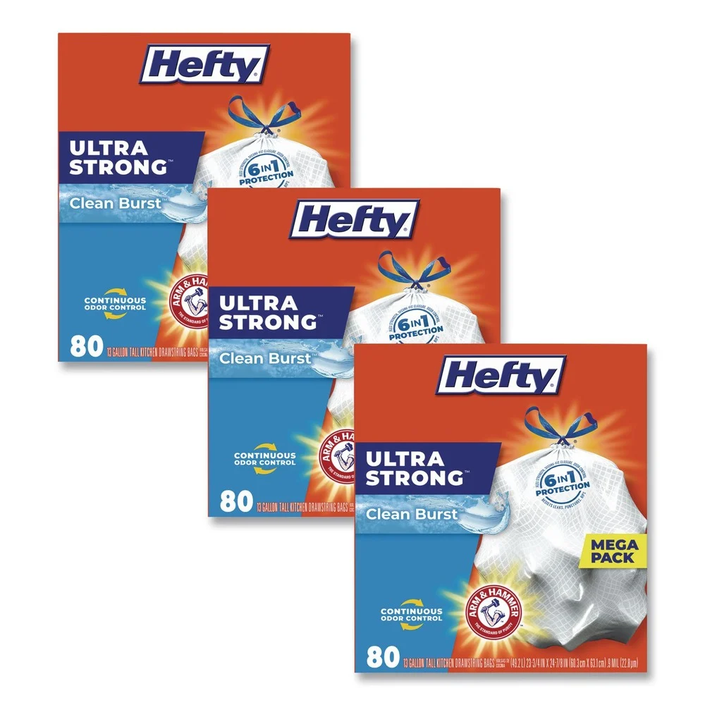 Hefty E8-8356 Ultra Strong Clean Burst 13 Gallon 24.75 in. x 24.88 in. Scented Drawstring Tall Kitchen Bags - White (240/Carton)
