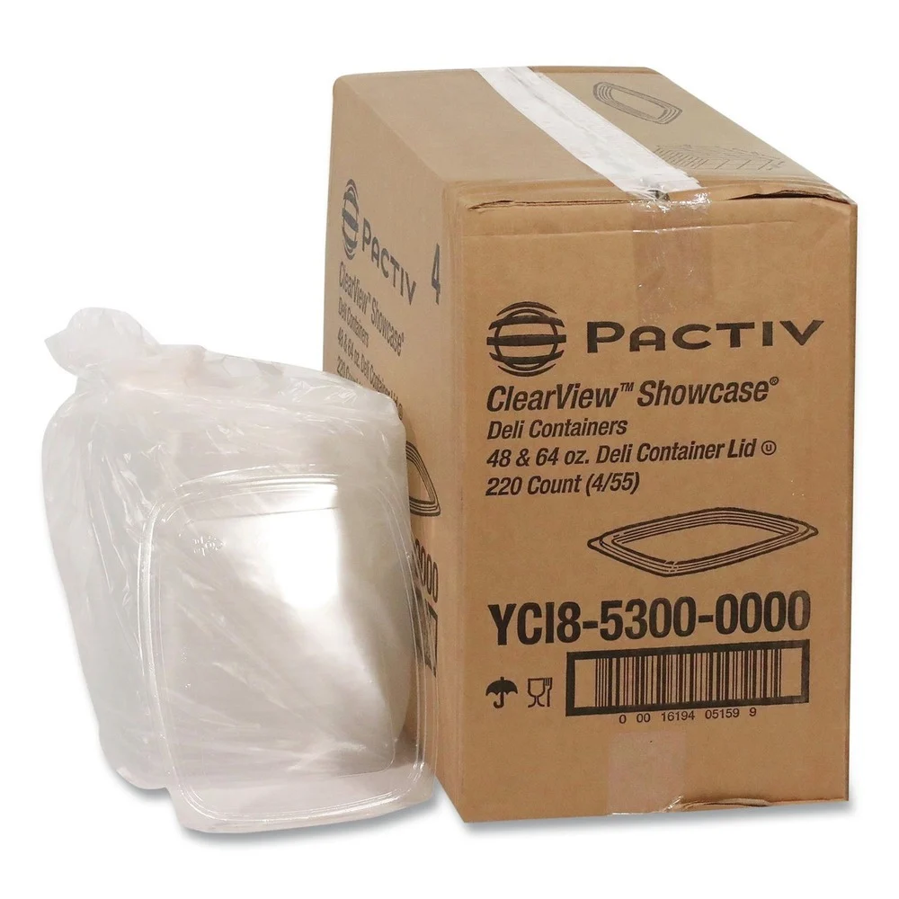 Pactiv Corp. 9 in. x 7.38 in. x 0.19 in., Deli Container Lid, Flat Lid For 3-Compartment 48/64 oz. Containers - Clear (220/Carton)
