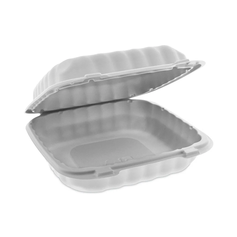 Pactiv Corp. 8.31 in. x 8.35 in. x 3.1 in. EarthChoice SmartLock Plastic Microwavable MFPP Hinged Lid Container - White (200/Carton)