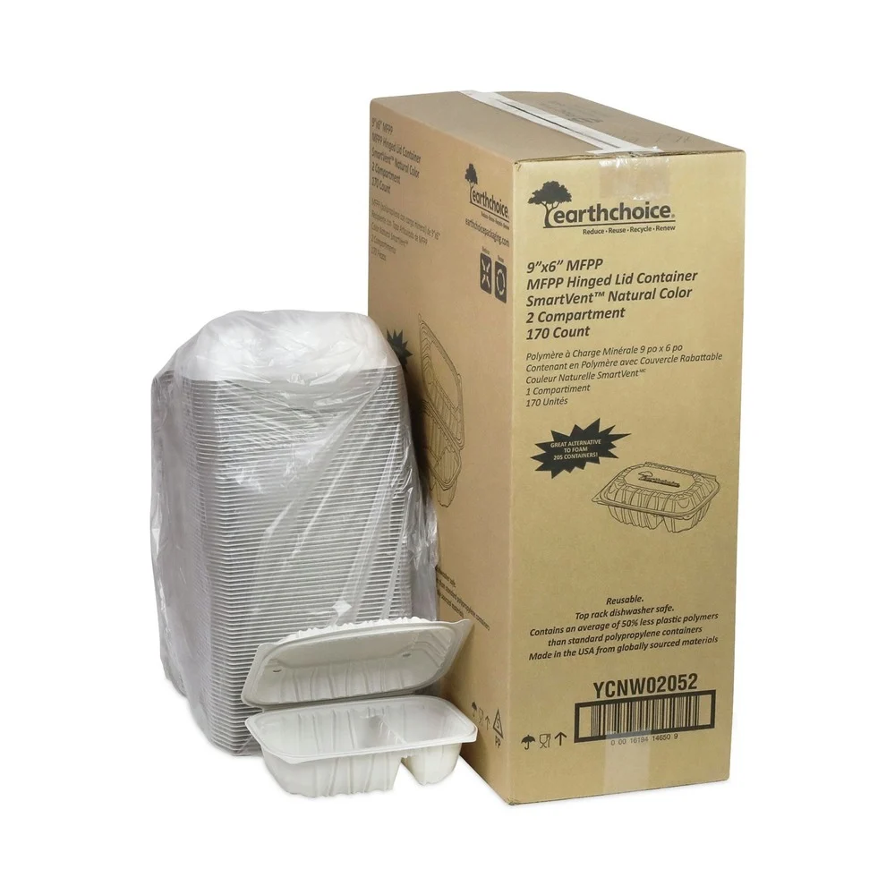 Pactiv Corp. 2-Compartment 9 x 6 x 3.1 EarthChoice Vented Microwavable MFPP Plastic Hinged Lid Container - White (170/Carton)