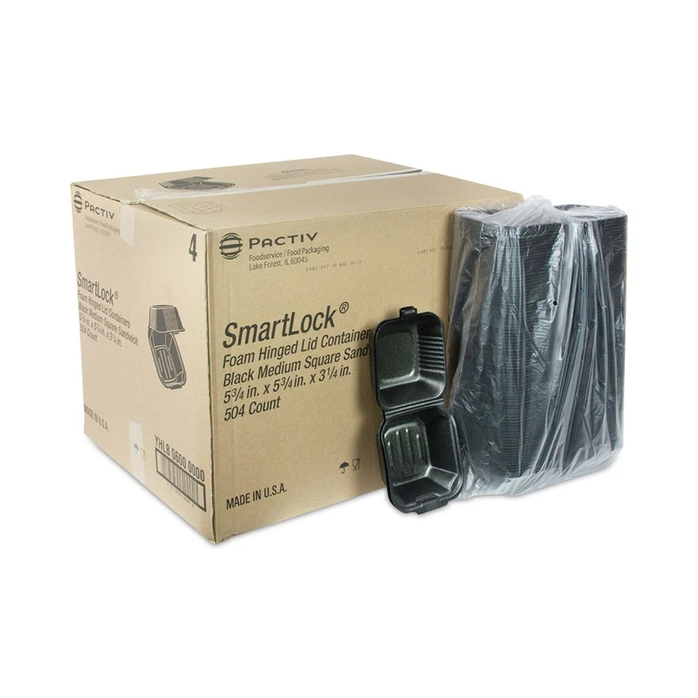 Pactiv Corp. YHLB06000000 SmartLock 5.75 in. x 5.75 in. x 3.25 in. Sandwich Foam Hinged Lid Container - Black (504/Carton)