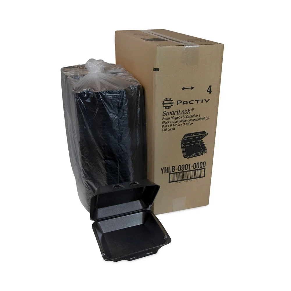 Pactiv Corp. 9 x 9.13 x 3.25 SmartLock Foam Hinged Lid Container - Large/Black (150/Carton)