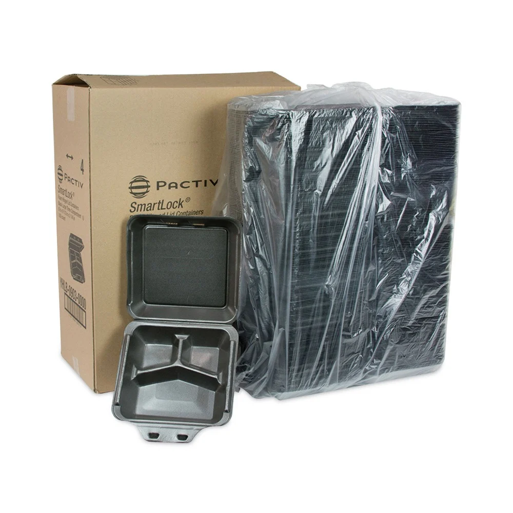 Pactiv Corp. SmartLock 9 in. x 9.5 in. x 3.25 in. Foam Hinged Lid 3-Compartment Container - Black (150/Carton)