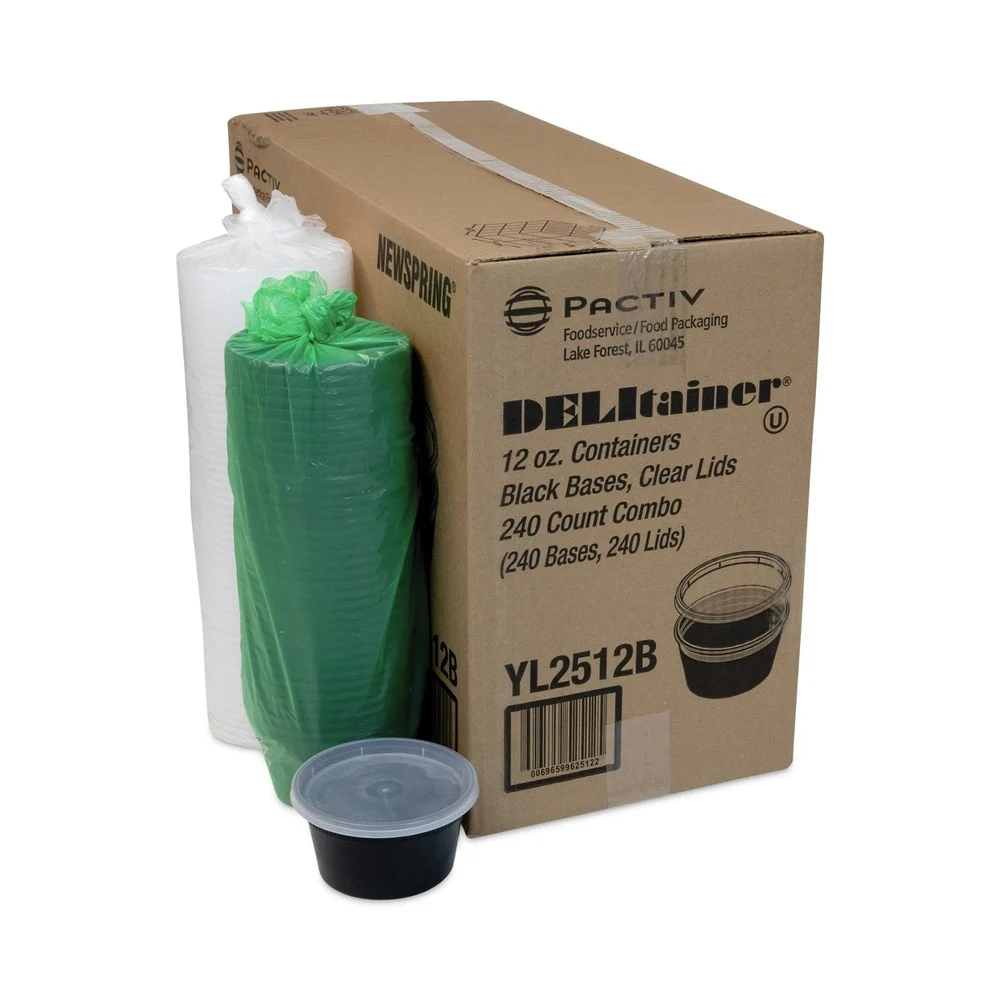 Pactiv Corp. Newspring DELItainer 4.55 in. Diameter x 2.45 in. H 12 oz. Plastic Microwavable Container - Black/Clear (240/Carton)