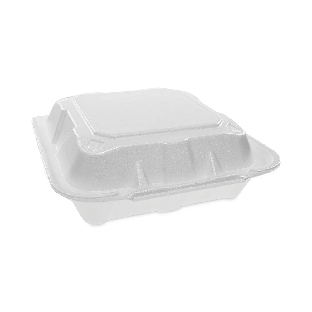 Pactiv Corp. 8.42 in. x 8.15 x 3 in. Foam Hinged Lid Containers Dual Tab Lock - White (150/Carton)