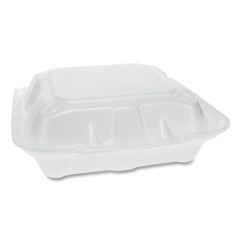Pactiv Corp. 8.42 in. x 8.15 in. x 3 in. Dual Tab Lock Foam Hinged Lid Containers - White (150/Carton)