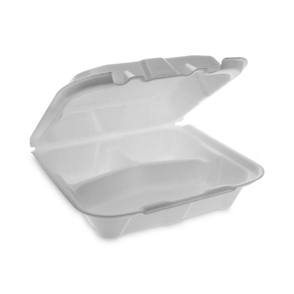 Pactiv Corp. 8.42 in. x 8.15 in. x 3 in. 3 Compartments Dual Tab Lock Economy Vented Foam Hinged Lid Container - White (150/Carton)