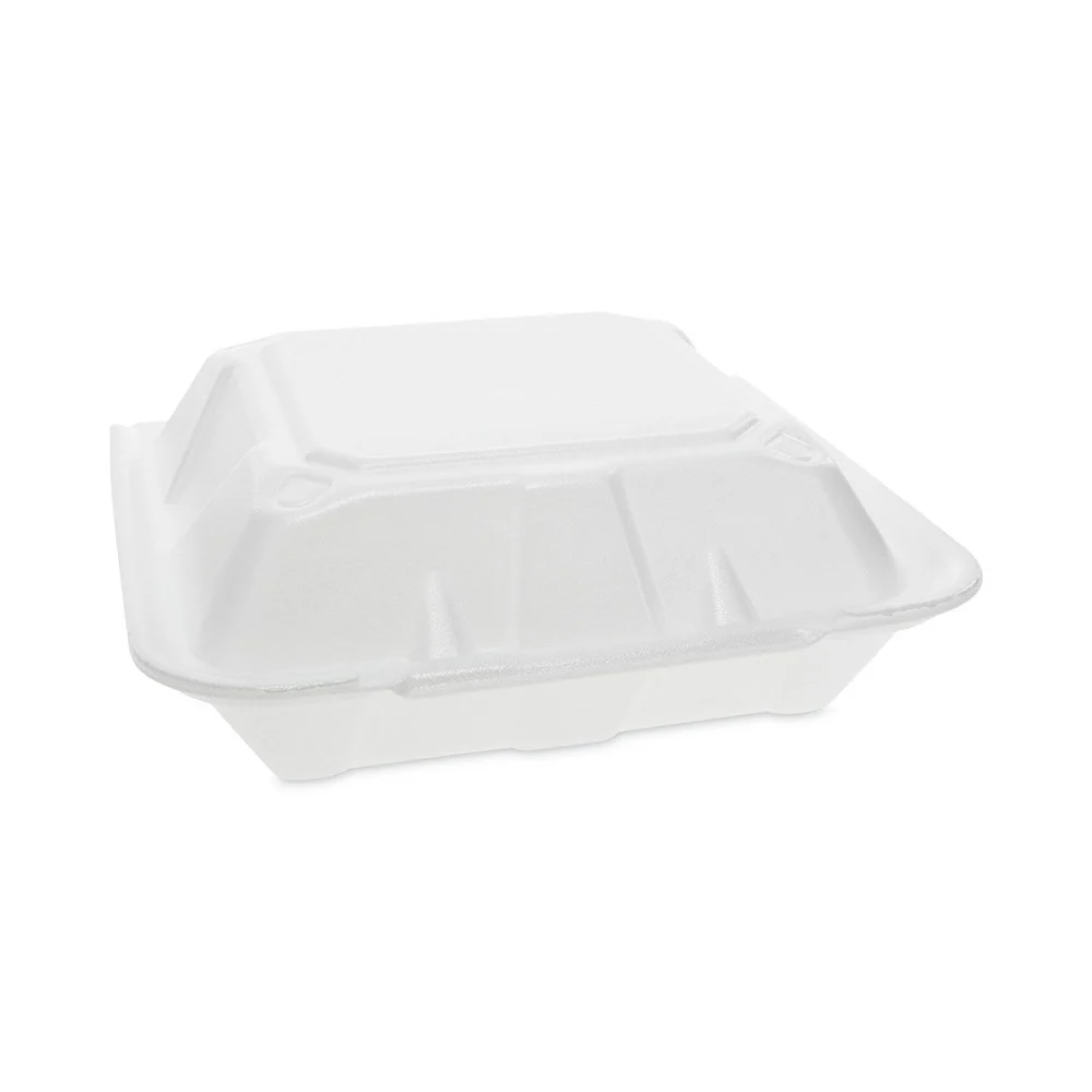 Pactiv Corp. 9.13 in. x 9 in. x 3.25 in. Dual Tab Lock Foam Hinged Lid Containers - White (150/Carton)