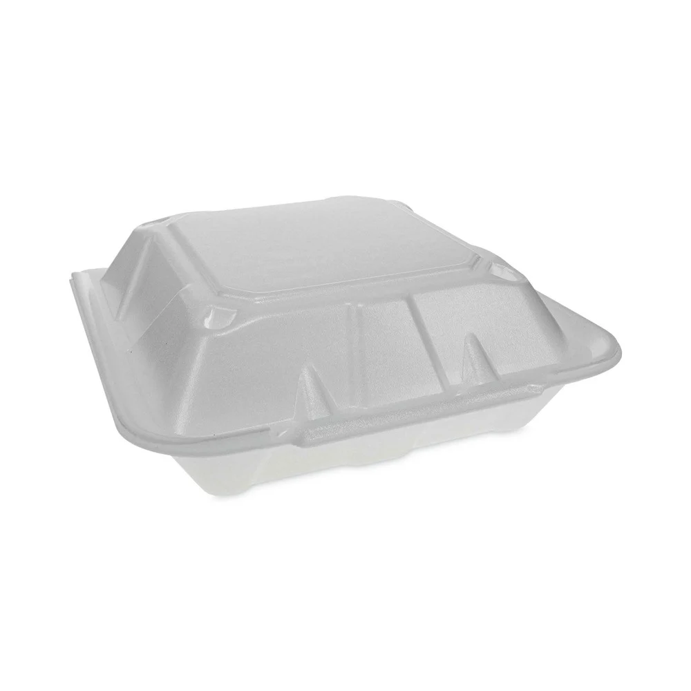 Pactiv Corp. 9.13 in. x 9 in. x 3.25 in. 3 Compartment Dual Tab Lock Economy Vented Foam Hinged Lid Containers - White (150/Carton)