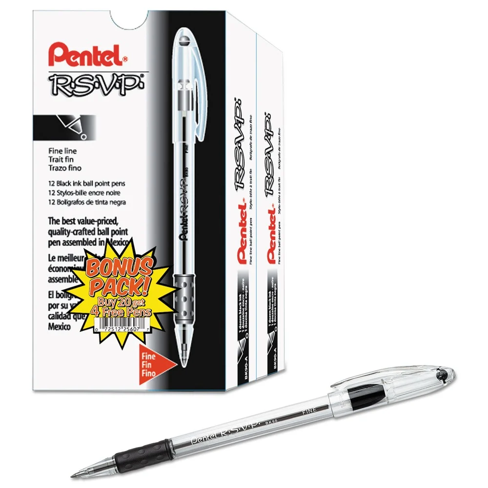 Pentel Stick Fine 0.7 mm R.S.V.P. Ballpoint Pen Value Pack - Black Ink, Clear/Black Barrel (24/Pack)