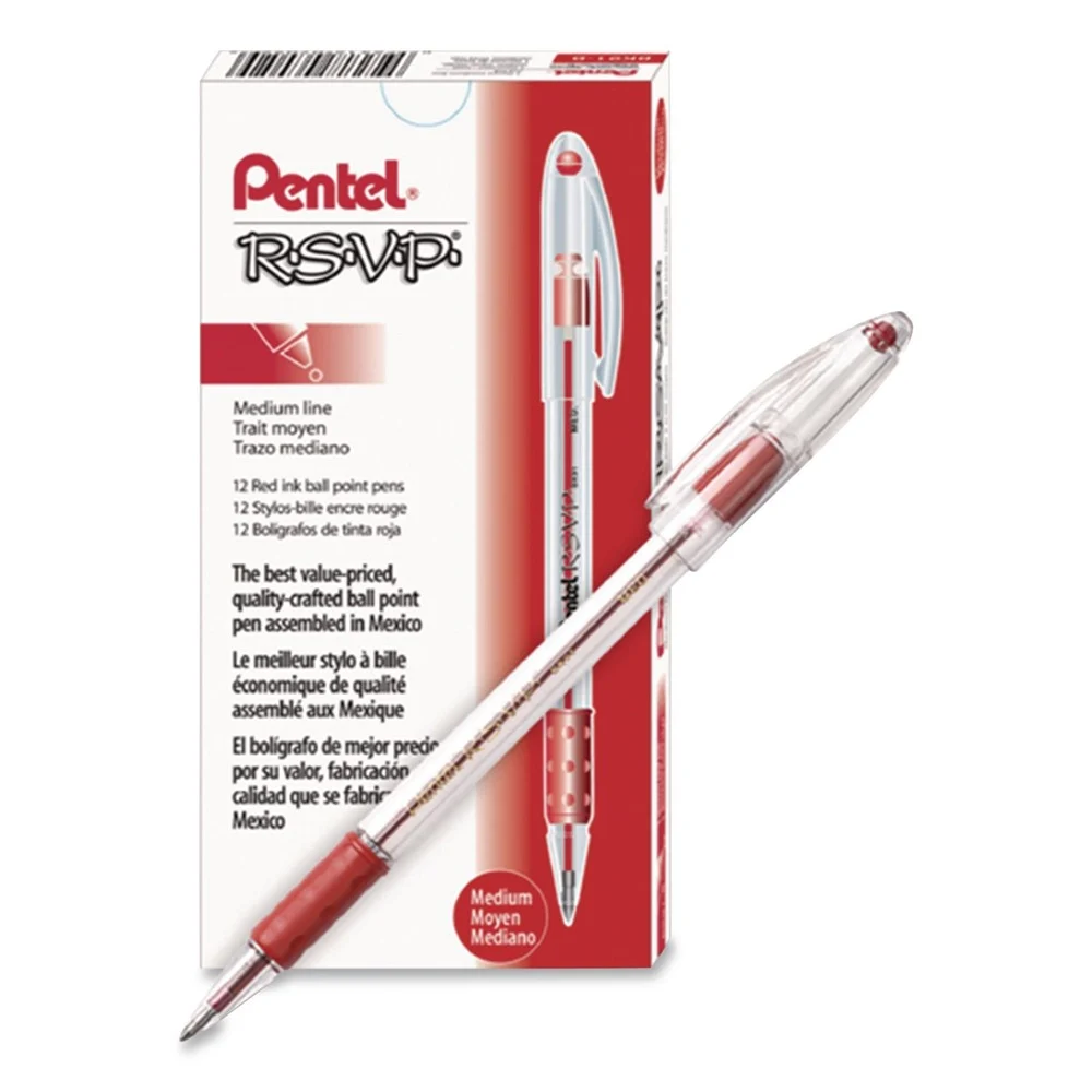 Pentel 1 mm R.S.V.P. Ballpoint Pen - Medium/Red Ink/Clear/Red Barrel (1-Dozen)