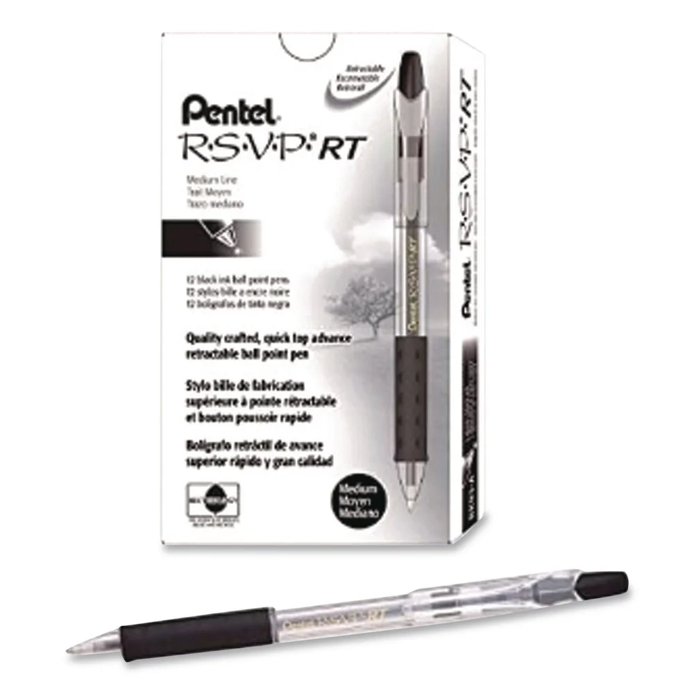 Pentel 1 mm R.S.V.P. RT Ballpoint Pen - Medium/Black Ink/Clear Barrel (1-Dozen)
