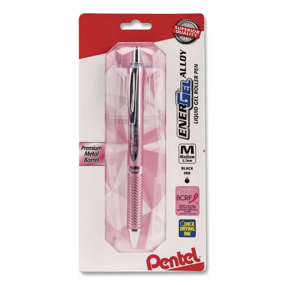Pentel EnerGel Medium 0.7 millimeter Retractable Alloy RT Gel Pen - Black Ink/Pink Barrel