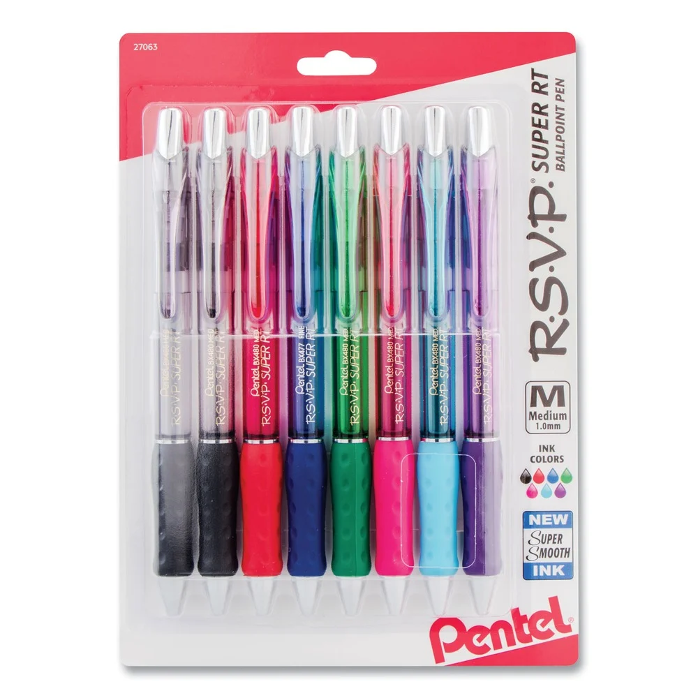 Pentel 1 mm Medium R.S.V.P. Super RT Ballpoint Retractable Pen - Assorted Ink and Barrel Colors (8/Pack)