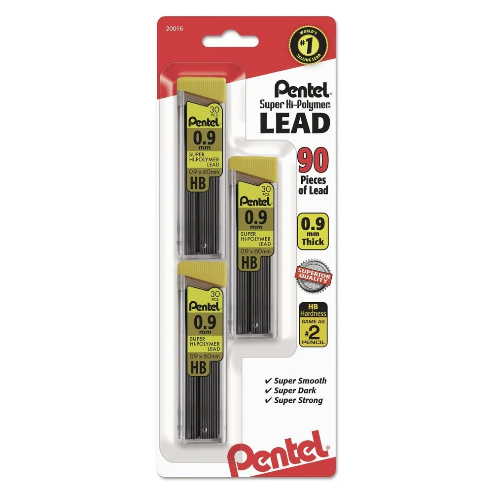 Pentel 0.9 mm Super Hi-Polymer HB Lead Refills - Black (90/Pack)