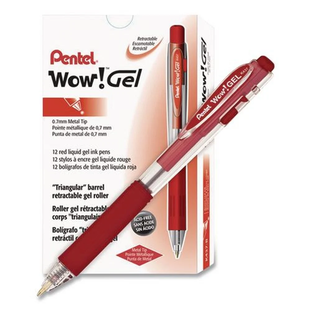 Pentel 0.7 mm WOW Medium Retractable Gel Pen - Red Ink/Clear/Red Barrel (1-Dozen)