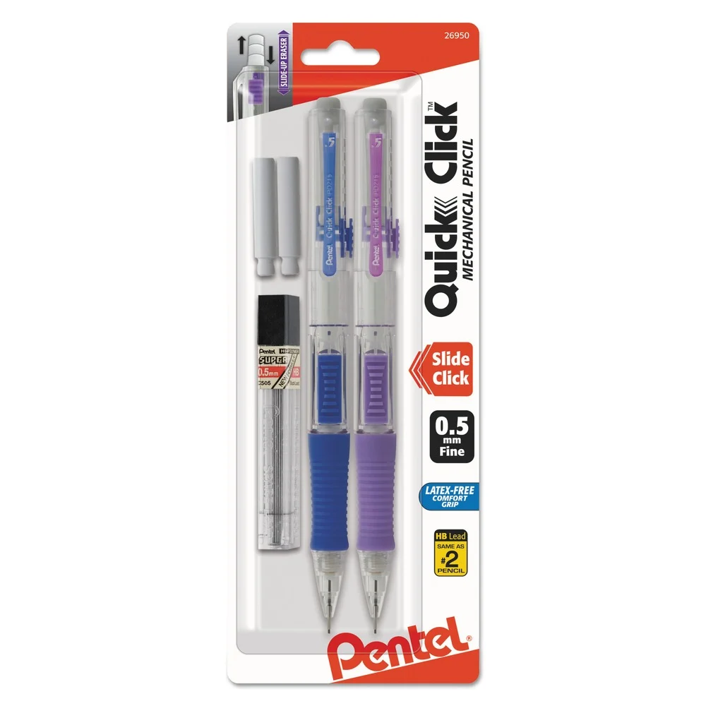 Pentel QUICK CLICK 0.5 millimeter HB (#2) Mechanical Pencils with Tube of Lead/Erasers - Black Lead/Assorted Barrel Colors (2/Pack)