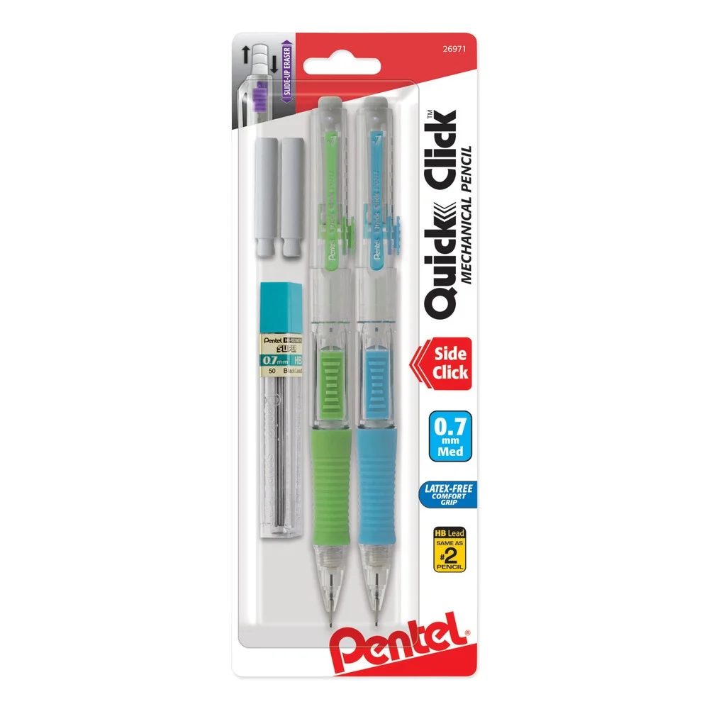 Pentel QUICK CLICK 0.7 millimeter HB (#2) Mechanical Pencils with Tube of Lead/Erasers - Black Lead/Assorted Barrel Colors (2/Pack)