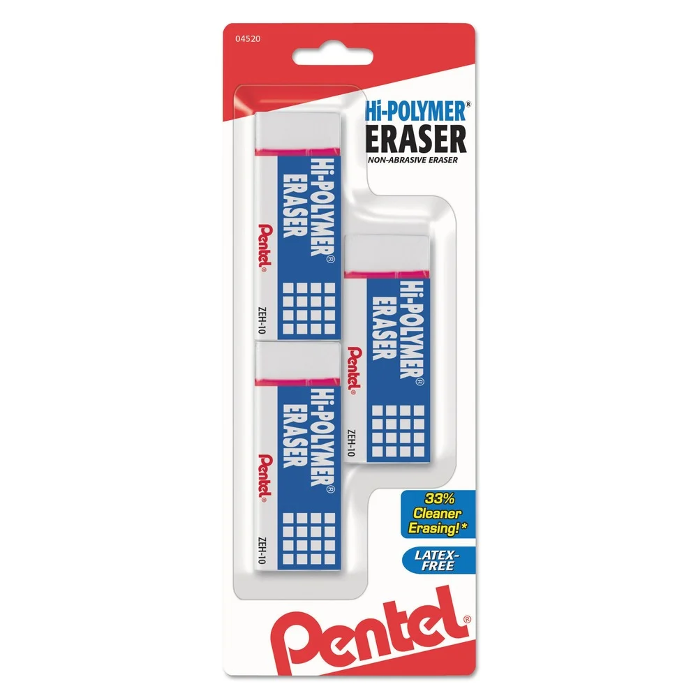 Pentel Medium Hi-Polymer Eraser For Pencil Marks - Rectangular Block White (3/Pack)