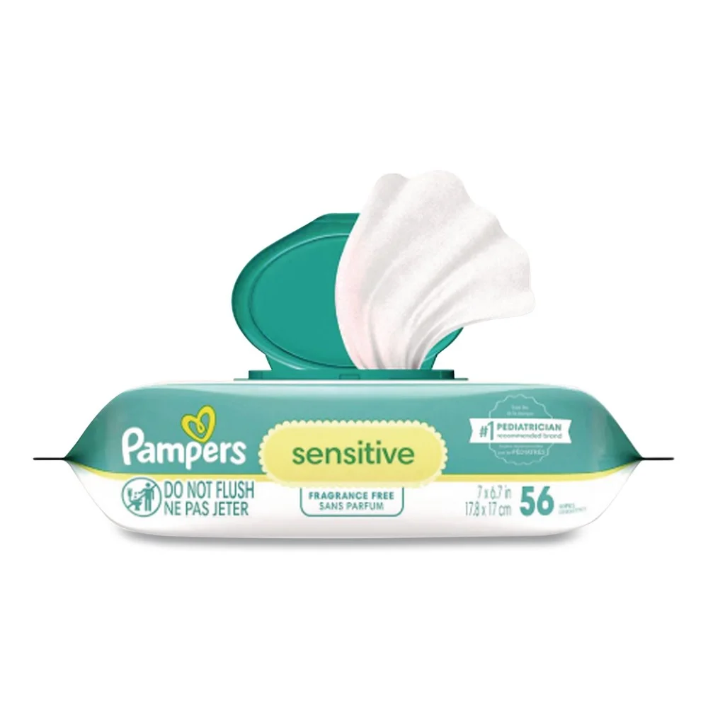 Pampers 80741436 6.8 in. x 7 in. 1-Ply Sensitive Baby Wipes - Unscented White (56/Pack)