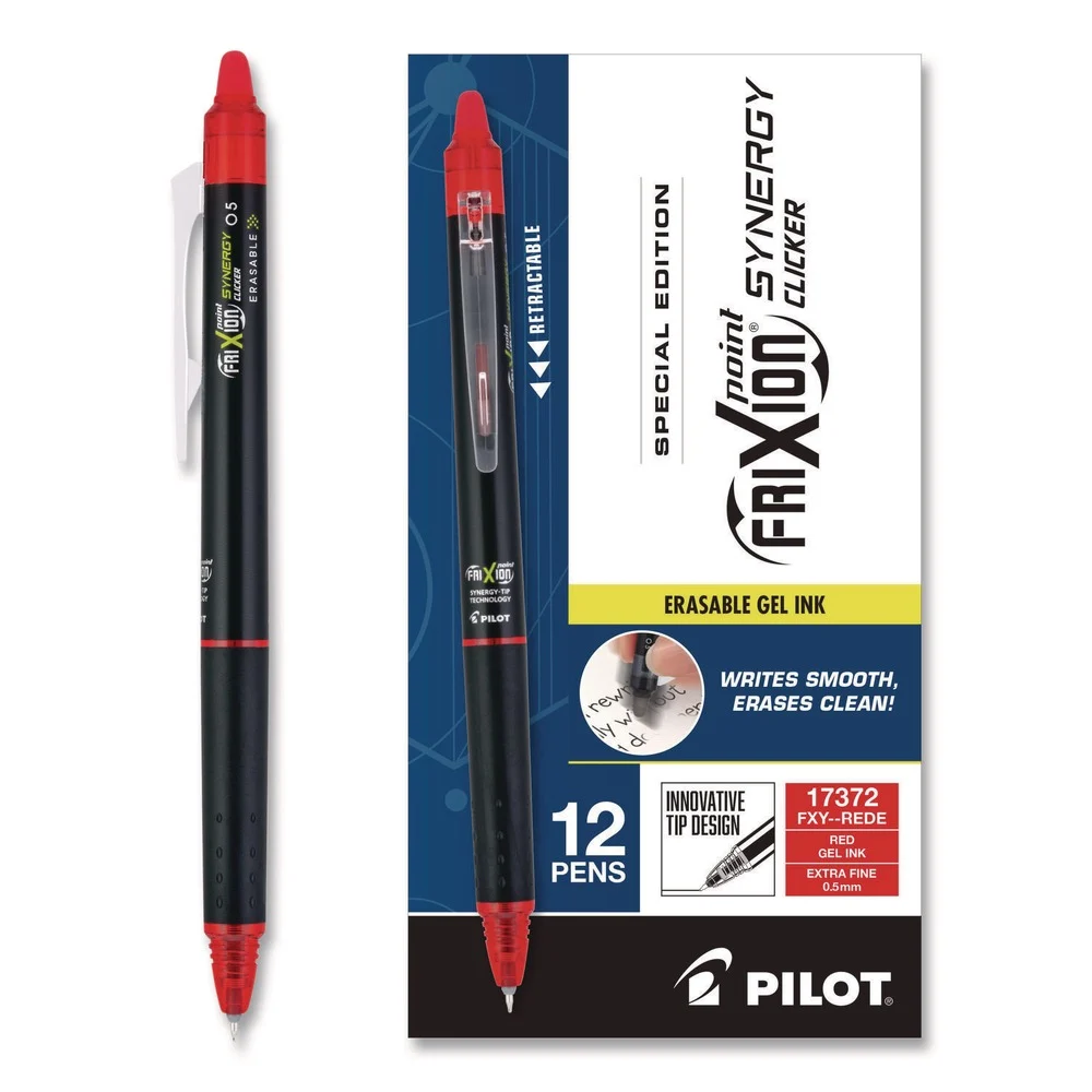 Pilot Frixion Synergy Clicker Erasable Gel Pen, Retractable, Extra Fine 0.5 mm, Red Ink, Black/Red Barrel, Dozen
