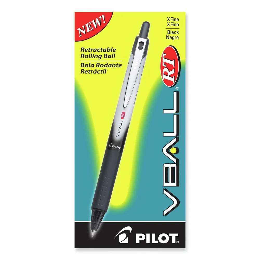 Pilot VBall RT Extra-Fine 0.5 millimeter Retractable Liquid Ink Rollerball Pen - Black Ink/Black/White Barrel (1-Dozen)