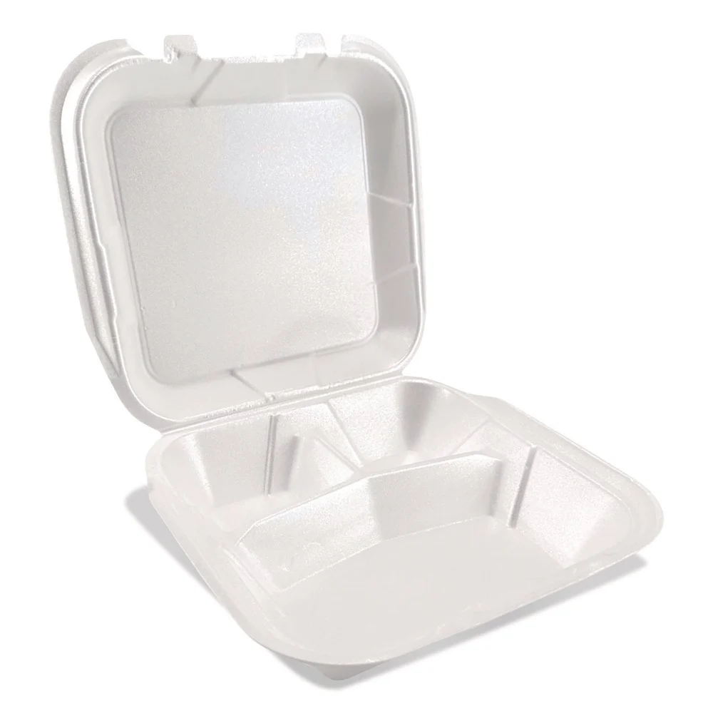 Plastifar 12083 9 in. x 10 in. x 3 in. 3-Compartment Foam Hinged Lid Containers - White (200/Carton)