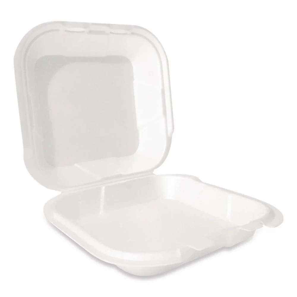 Plastifar 12095 9 in. x 9 in. x 3 in. Secure Two Tab Latch Poly Bag Foam Hinged Lid Container - White (200/Carton)