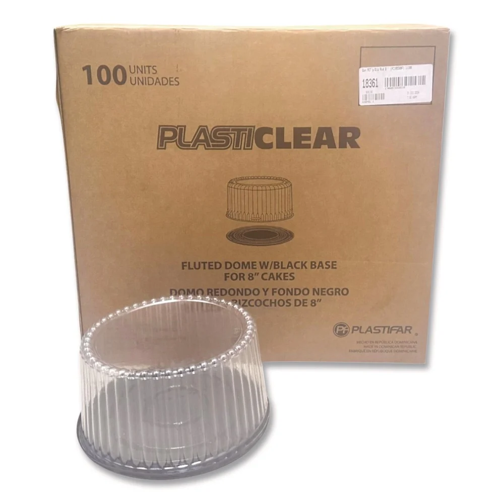 Plastifar Bakery Containers, 8-in Cake, 9.7-in Diameter x 5-in h, Black/Clear, 100/Carton